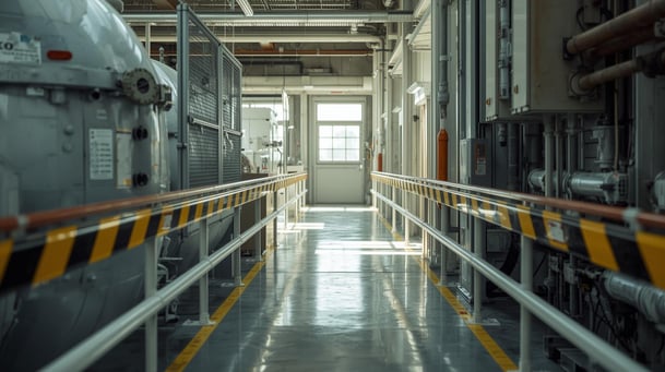 Industriële fabriekshal met veiligheidsrails en waarschuwingsstrepen in zacht daglicht, symbool voor veiligheid en orde in de procesindustrie.