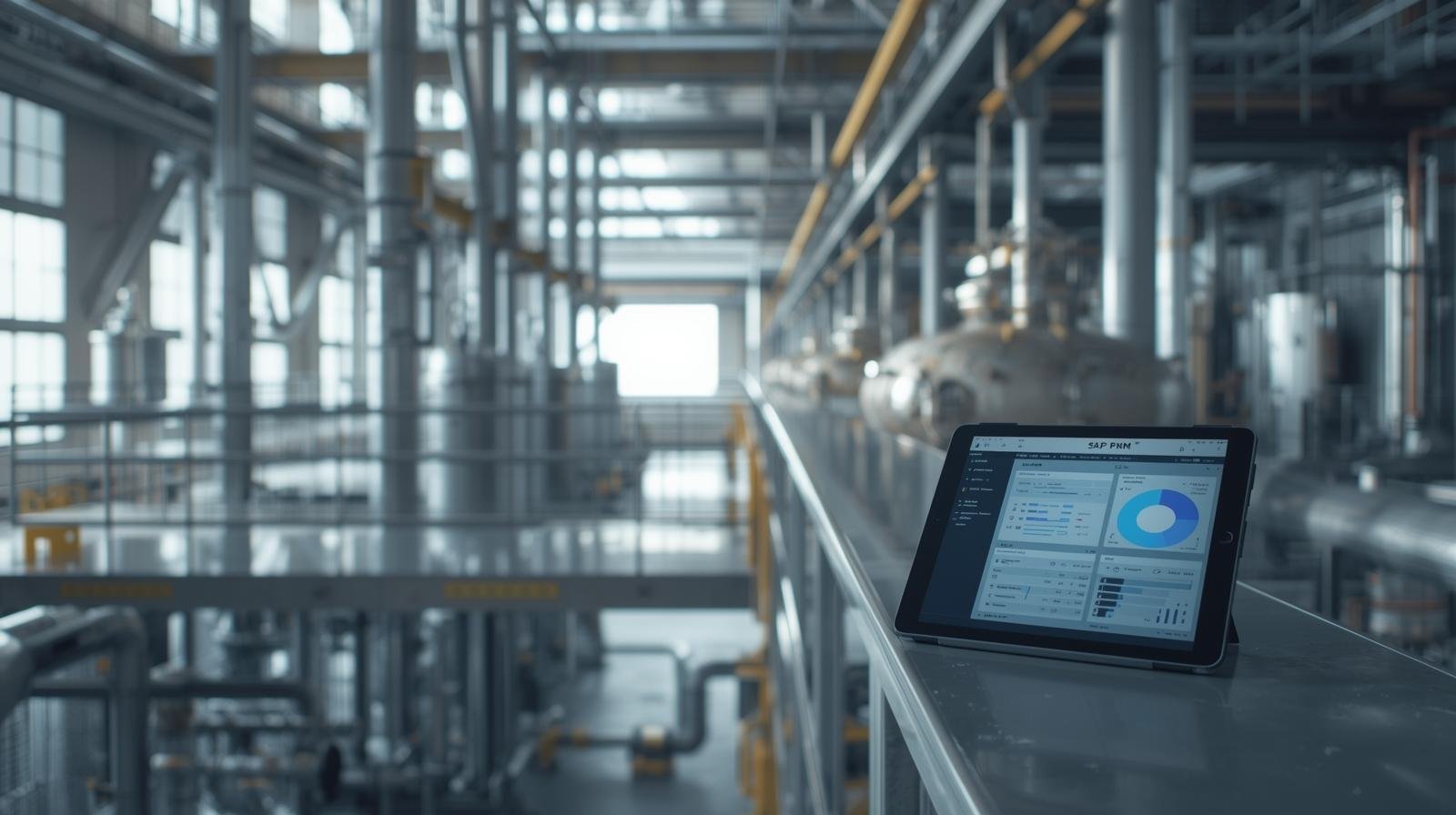 Een tablet met een SAP PM-achtig dashboard staat op een metalen reling in een moderne, licht ingevulde fabriekshal. In de achtergrond zijn leidingen, platforms en industriële apparatuur te zien.