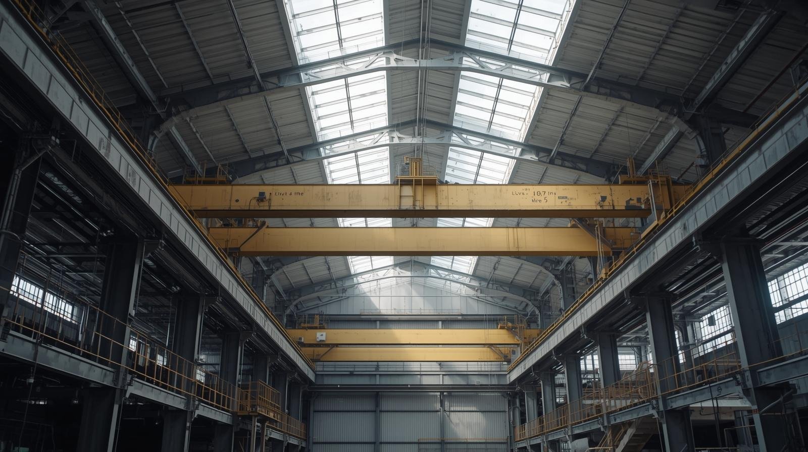 Industriële hal met bovenloopkraan in natuurlijk licht, verwijzend naar veilig en gestructureerd werken.