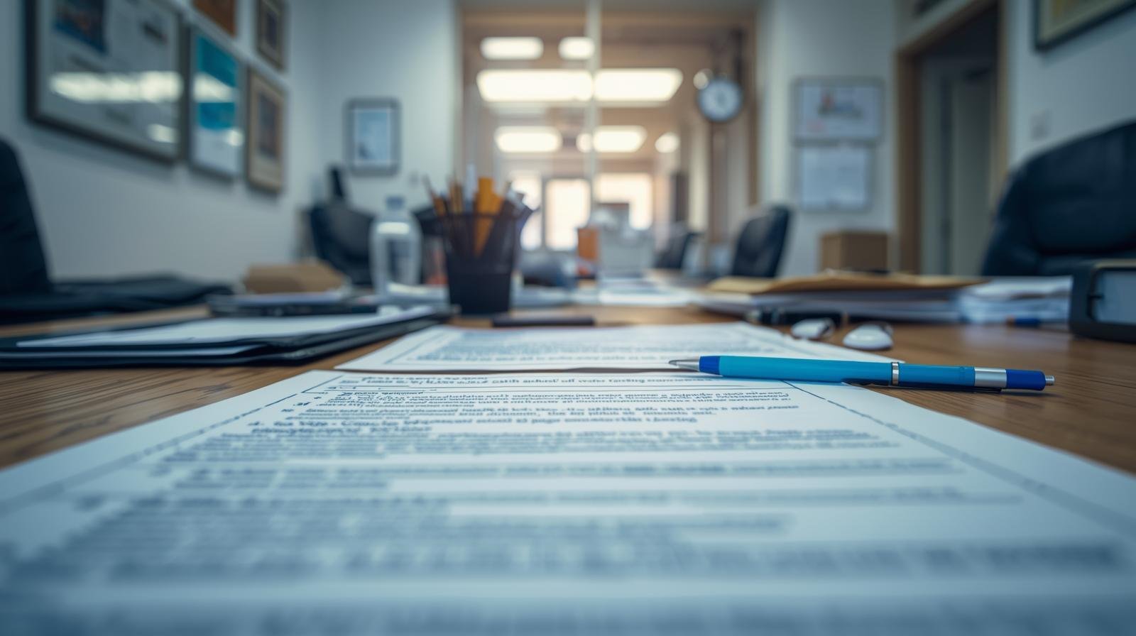 Close-up van documenten en pen op een vergadertafel – symbool voor leren in de praktijk en samenwerken in de techniek.