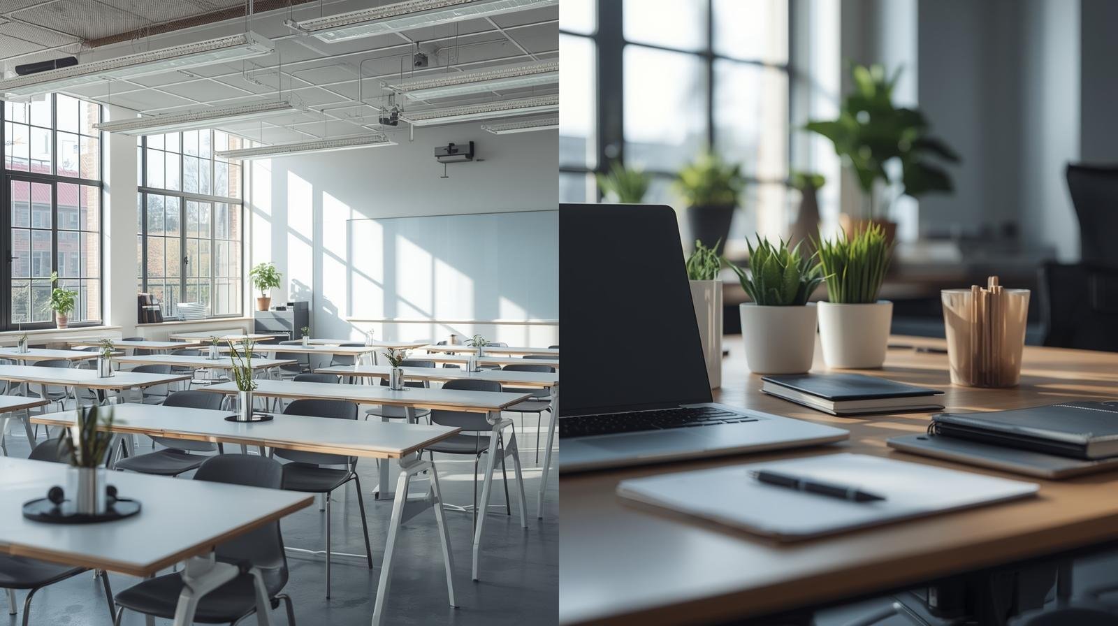 Visuele representatie van een technische bijbaan naast je studie: een collegezaal op een tech campus naast een opgeruimd bureau met laptop bij Ivy Global.