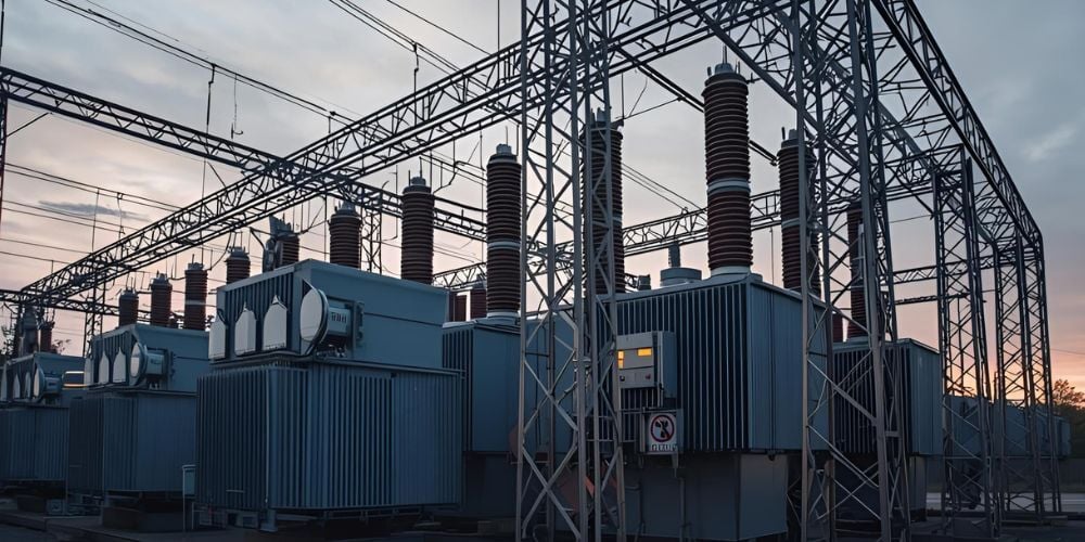 Modern en verlicht schakelstation van Stedin bij schemering, symbool voor de 24/7 betrouwbaarheid van het energienet.