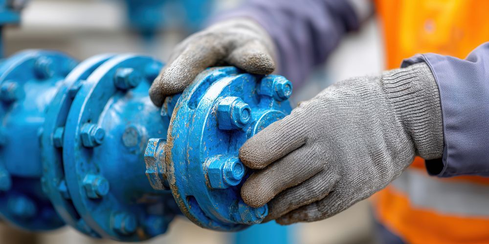 Monteur controleert een flensverbinding in een industriële installatie tijdens onderhoudswerkzaamheden