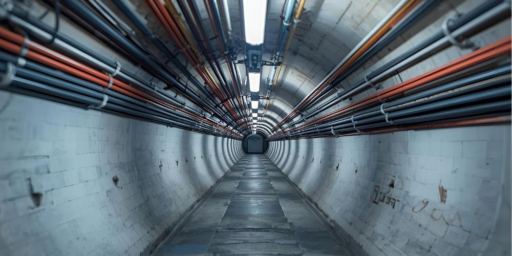 Het onzichtbare, ondergrondse netwerk van Stedin: een goed verlichte en georganiseerde tunnel met moderne energiekabels.